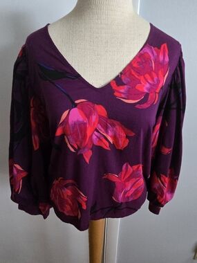 a new day Plum V-Neck Floral Blouse with Pink Accents